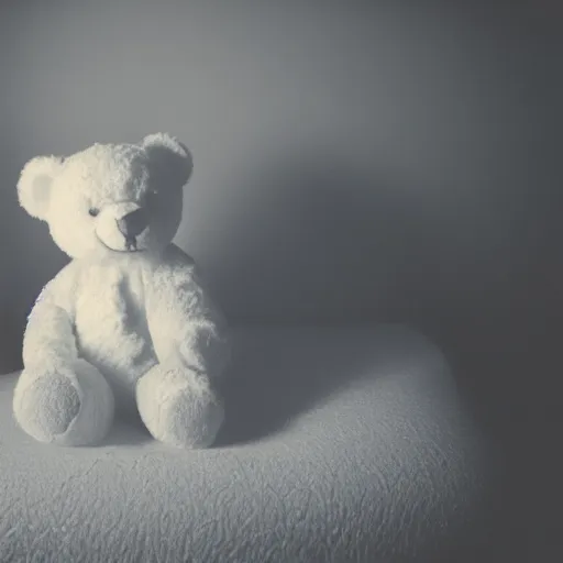 Image similar to a photograph of a white teddy bear laying on a bed crying, tears going down its face, focus shot, flashlight, 35mm film, low contrast, hd