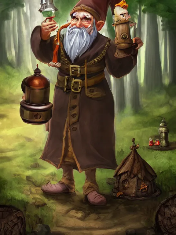 Prompt: evil alchemist gnome, brown tuffle coat, evil smile, flasks in hands, giving flasks to other gnomes, dnd, forest background, matte painting, midjourney