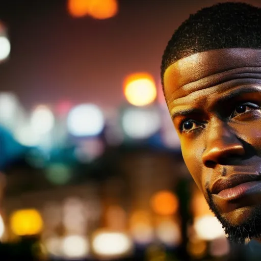 Image similar to a still of Kevin Hart. Shallow depth of field. City at night in background, lights, colors ,studio lighting, mood, 4K. Profession photography