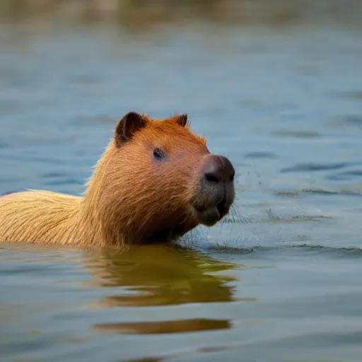 Image similar to candid photograph of a capybara swimming in a lake