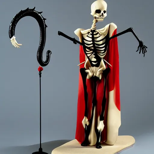 Prompt: A beautiful kinetic sculpture of a horned, red-eyed, skeleton-like creature, with a long black cape, and a staff with a snake wrapped around it, standing in front of a castle atop a cliff. by René Lalique soft, casual