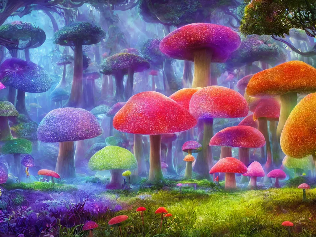 Image similar to a beautiful otherworldly fantasy landscape of giant luminous mushroom trees forming canopies over bright colorful mythical sprouted floral plants and colorful foliage on the ground, like alice in wonderland, extreme detail, studio ghibli and pixar and abzu, rendering, cryengine, deep color, vray render, cinema 4 d, cgsociety, bioluminescent