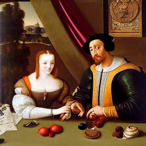 Prompt: A beautiful classic painting of a man and woman having a tinder date during the Renaissance
