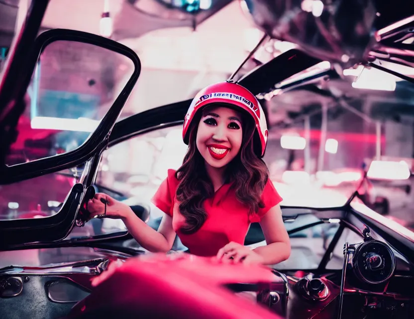 Prompt: twitch streamer Pokimane as a 1960s race car driver, by Brandon Woelfel, symmetrical face, symmetrical eyes, maximum realism, maximum detail, Cinematic lighting, racing helmet