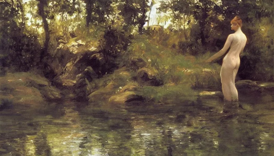 Prompt: artwork painting of a woman looking into the water, there are figures under the water looking by eugene von guerard, ivan shishkin, john singer sargent