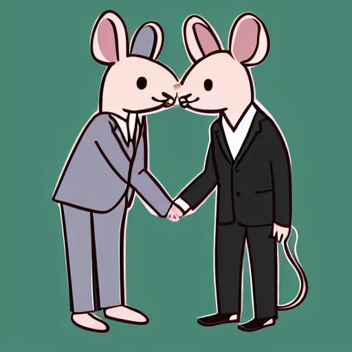 Prompt: an illustration of a mouse and a rabbit in suits shaking hands