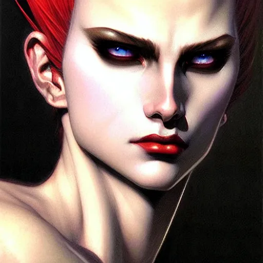 Image similar to portrait of a kefka, dark, piercing eyes, gentle expression, elegant clothing, photorealistic, highly detailed, artstation, smooth, sharp focus, art by michael whelan, artgerm, greg rutkowski and alphonse mucha