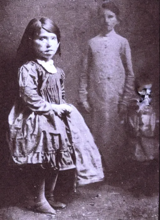 Image similar to old photograph of a victorian child surrounded by glowing shadow eyes, demons, ghosts, paranormal evidence in the background