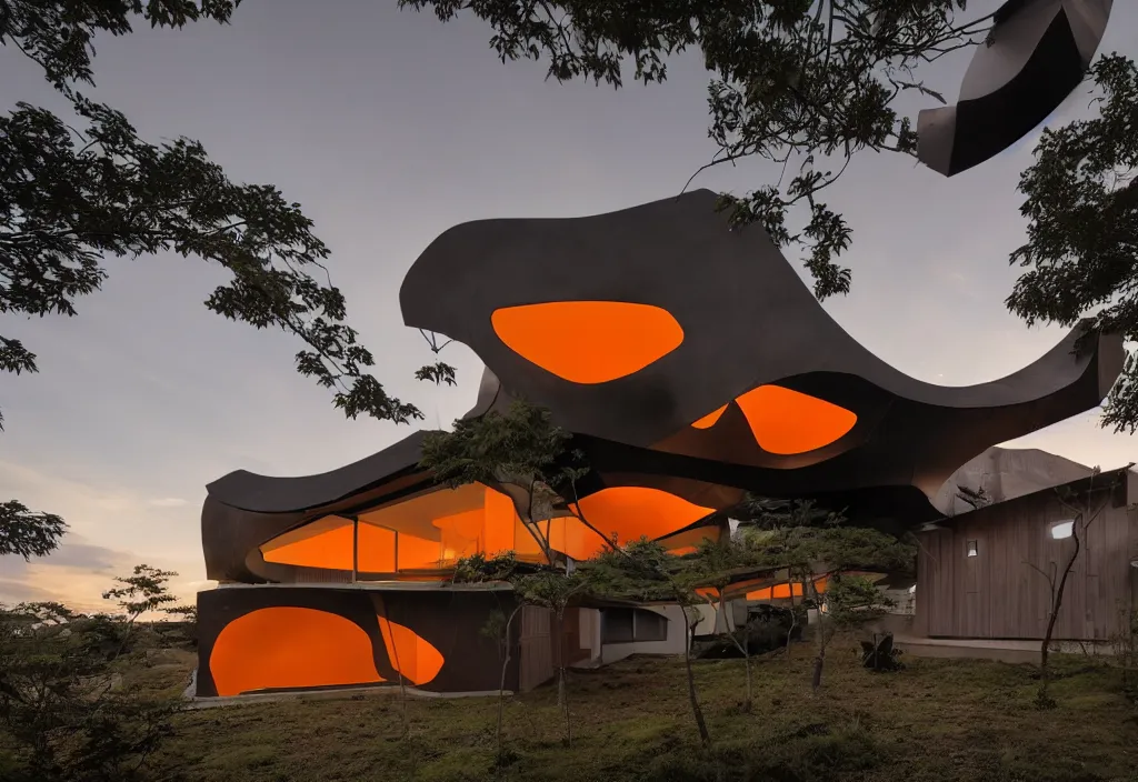 Prompt: photo of the exterior of a futuristic organic japanese house, dramatic lighting, black and orange colour palette, wide angle shot, archviz