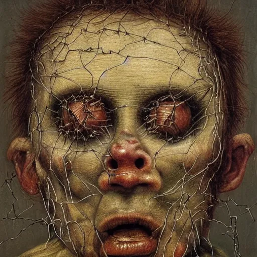 Image similar to a boy made of barbed wire looking into camera, screaming in pain, by giuseppe arcimboldo and ambrosius benson, renaissance, intricate and intense oil paint, a touch of beksinski and hr giger and edward munch, realistic