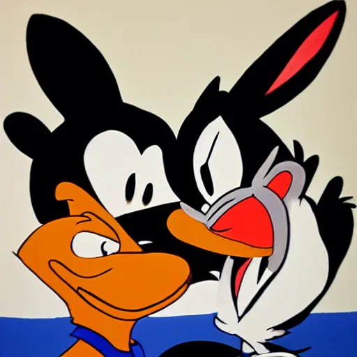 Image similar to Sumi-E painting of Bugs Bunny slapping Daffy Duck.