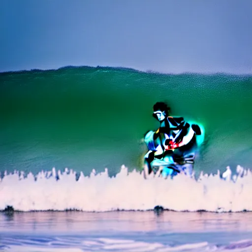 Prompt: photography of a young man surfing a hokusai wave