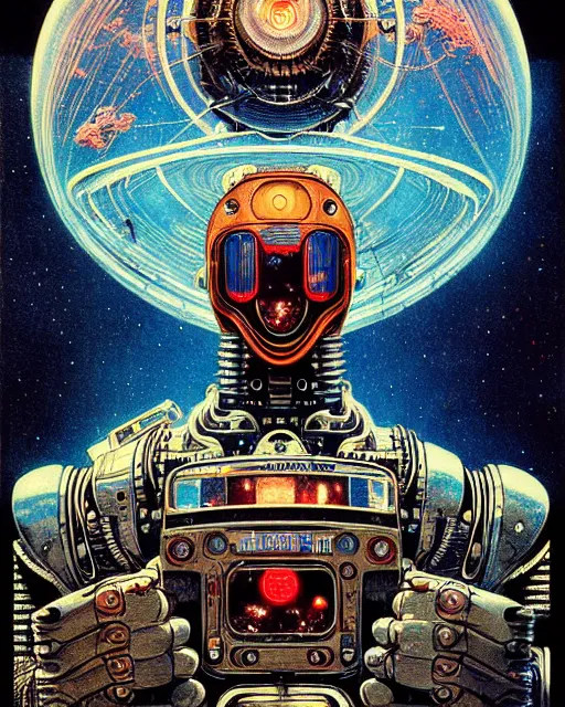 Prompt: robot, character portrait, portrait, close up, concept art, intricate details, highly detailed, vintage sci - fi poster, retro future, in the style of katsuhiro otomo, chris foss, rodger dean, moebius, michael whelan, and gustave dore