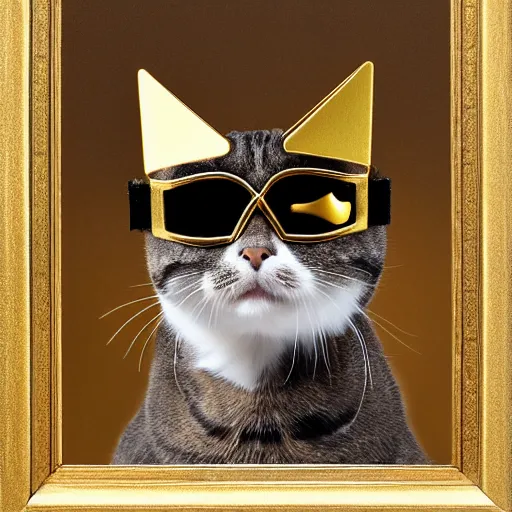 Prompt: a cat wearing a golden crown and black goggles, portrait, studio photograph