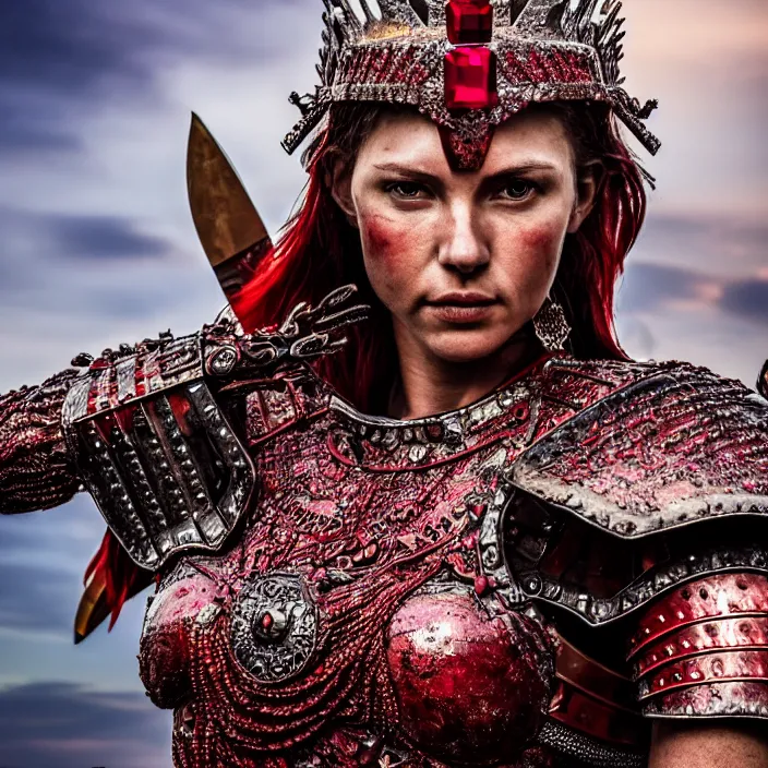 Image similar to full length photo of a beautiful strong warrior queen wearing ruby encrusted armour, highly detailed, 4 k, hdr, smooth, sharp focus, high resolution, award - winning photo