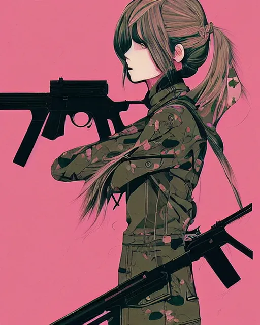 Prompt: girl holding rifle, manga!! detailed manga illustration!! intricate details, aesthetically pleasing pastel colors, poster background, aesthetic details, art by conrad roset and ilya kuvshinov