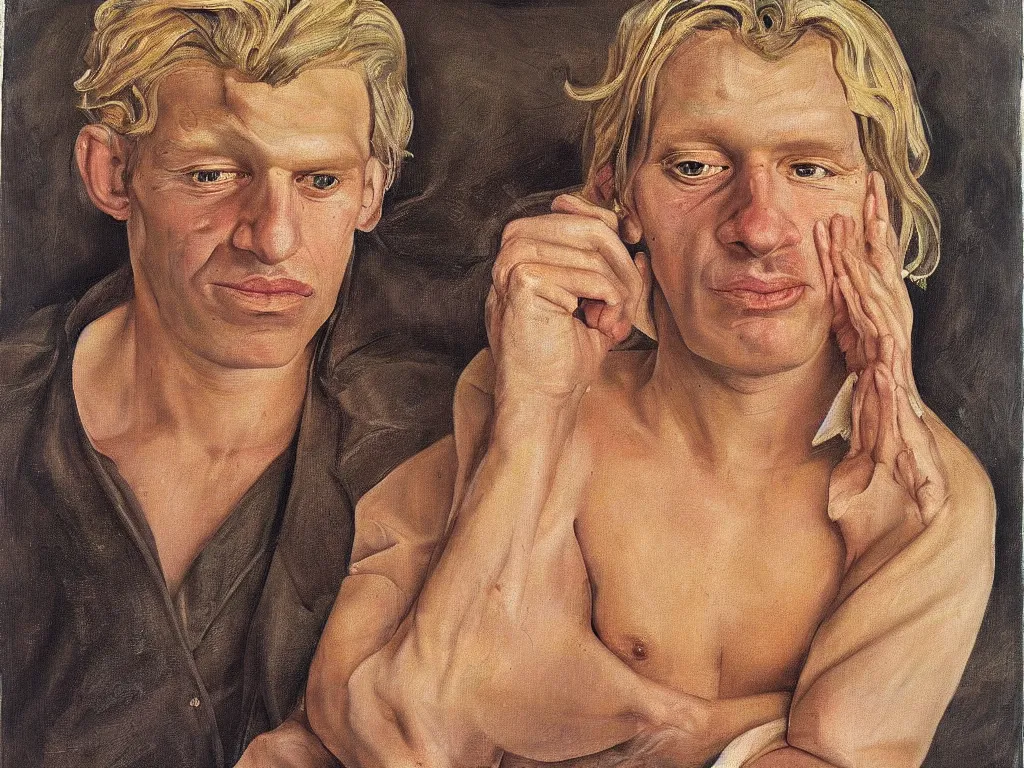 Image similar to portrait of a blonde Californian cult leader. Painting by Lucian Freud, August Sander.