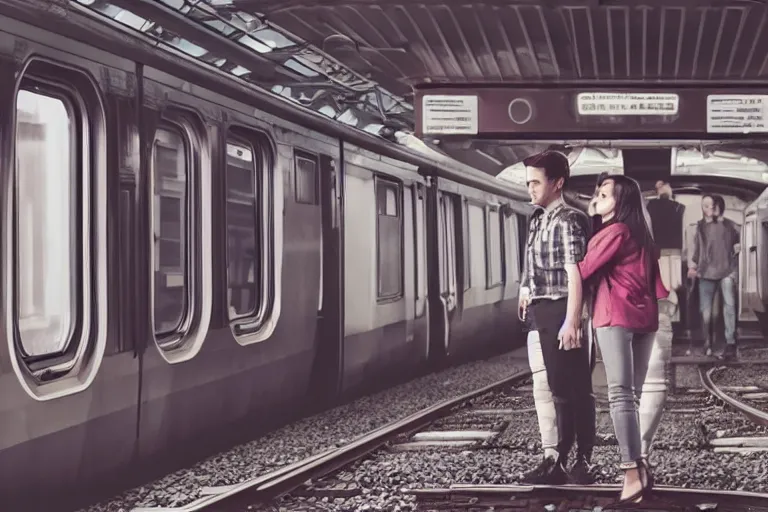 Image similar to vfx movie couple in a train station flat color profile cinematography