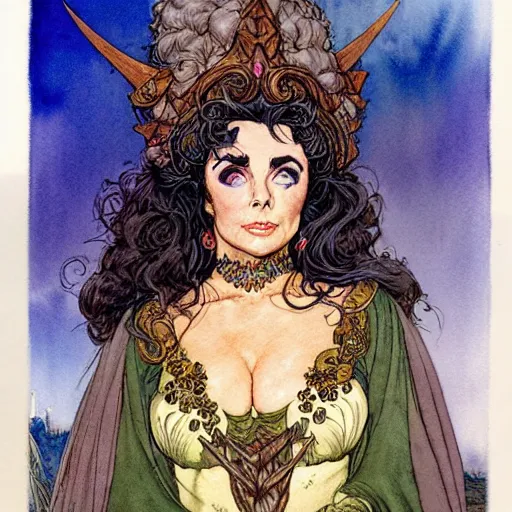 Prompt: a realistic and atmospheric watercolour fantasy character concept art portrait of elizabeth taylor as a druidic warrior wizard looking at the camera with an intelligent gaze by rebecca guay, michael kaluta, charles vess and jean moebius giraud