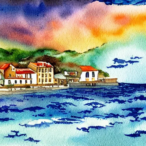 Prompt: a watercolor painting of a landscape panorama of a cozy seaside village with a menacing storm cloud on the ocean horizon, highly detailed, masterpiece, vivid colors, by anthony micallef by camille rose garcia,