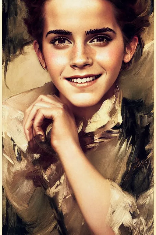 Prompt: emma watson smiling detailed portrait painting by gaston bussiere craig mullins j. c. leyendecker photograph by richard avedon peter lindbergh