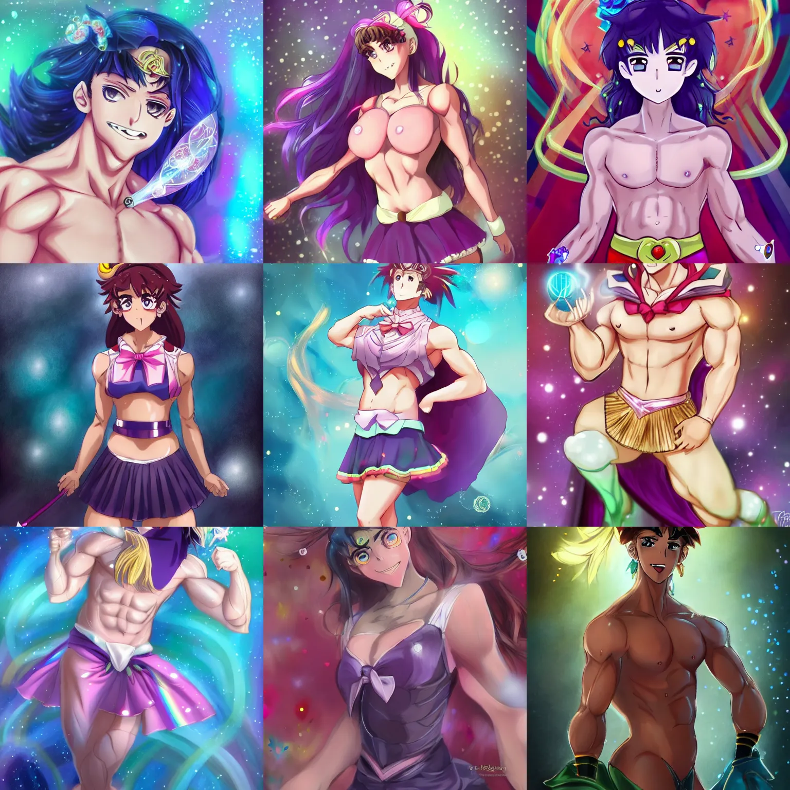 Prompt: crossdressing magical man in anime style, body hair, muscular, full body, face, head, workout, male, body builder, colorful dress, holding wand, fantasy, smile, illustration, digital painting, best on artstation, best on cgsociety, awarding winning, realistic, epic, stunning, rainbows, sailor moon, hdr, highly detailed
