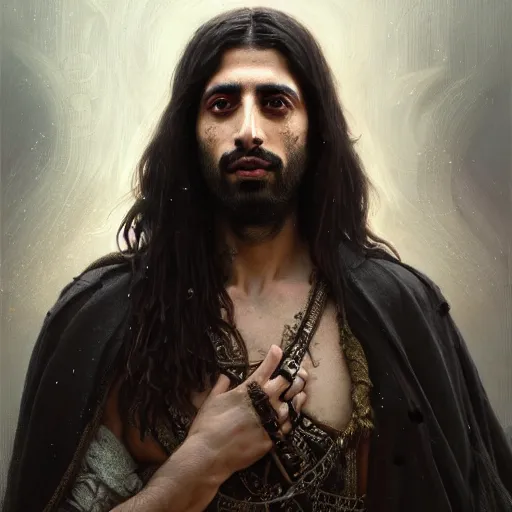 Prompt: portrait painting of a middle - eastern man with shoulder length hair and wearing a tattered black feather cloak and coat, ultra realistic, concept art, intricate details, eerie, highly detailed, photorealistic, octane render, 8 k, unreal engine. art by artgerm and greg rutkowski and charlie bowater and magali villeneuve and alphonse mucha