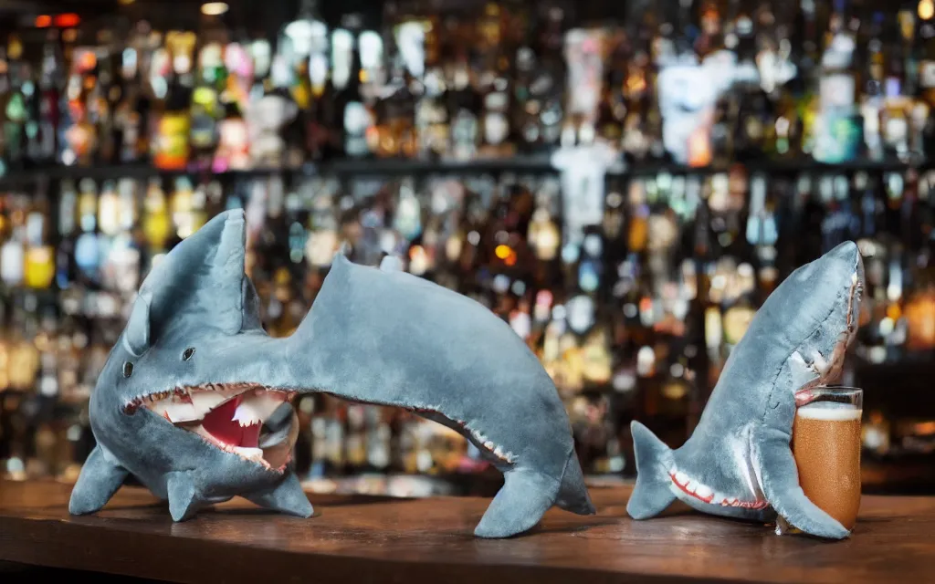 Image similar to Shark plush ordering a beer at a bar, stuffed toy, fish, dim lighting, 50mm, depth of field,