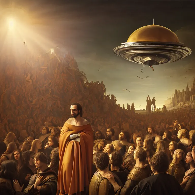 Prompt: portrait of a beautiful man in a crowd of medieval people surrounding UFO flying saucer, dream-like atmosphere, baroque portrait painting, perfect portrait composition, beautiful detailed intricate insanely detailed octane render trending on Artstation, 8K artistic photography, photorealistic, soft natural volumetric cinematic perfect light, golden hour, chiaroscuro, award-winning photograph, masterpiece, Raphael, Caravaggio, Greg Rutkowski, Beeple