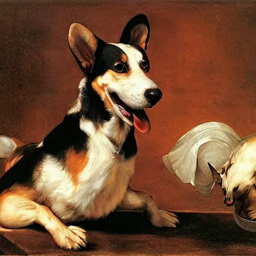 Image similar to A Hell Hound corgi, caravaggio