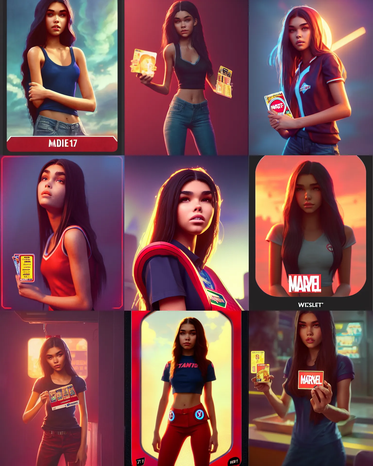 Prompt: madison beer : : young woman : : as hot 7 1 1 cashier woman by marvel trading card : : by greg rutkowski, wlop, instagram, unreal engine, blender render, 4 k, hdr, : :