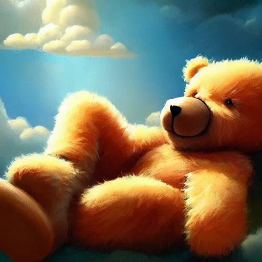 Prompt: a storybook of a teddy bear sleeping in the clouds, a storybook illustration by RHADS and Pu Hua, candy and rainbows, trending on cgsociety, pop surrealism, official art, detailed painting, artstation hd