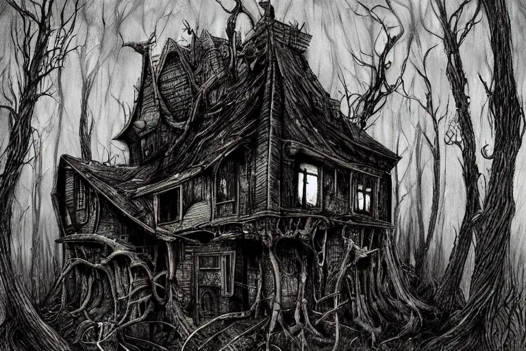 Prompt: mad horror painting of a futuristic alien witch house from another dimension in the woods by ben templesmith