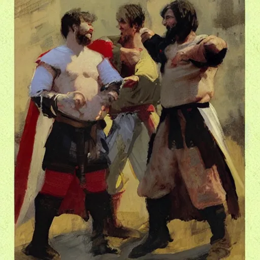 Image similar to portrait of men wearing medieval clothes wrestling, detailed by greg manchess, craig mullins, bernie fuchs, walter everett