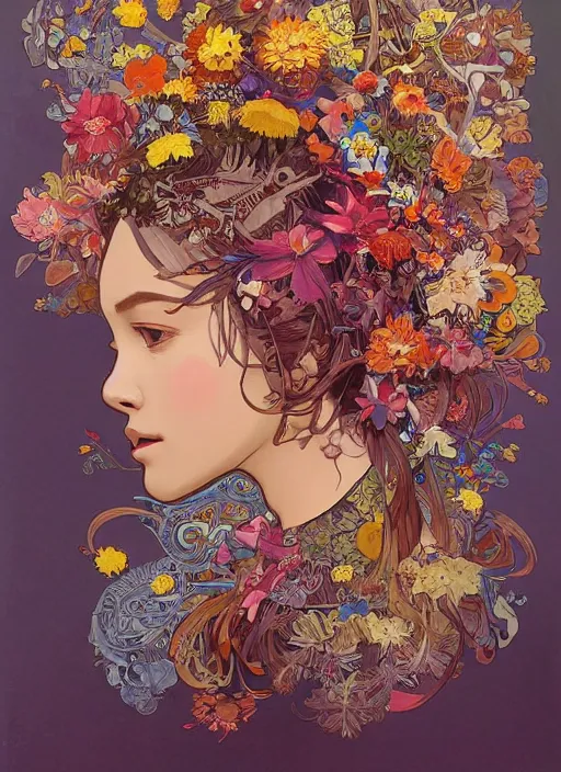 Image similar to !!! very coherent!!! oil painting, beautiful floralpunk iban bio mechanical portrait girl female illustration detailed patterns art of sarawak traditional dress, flower pop art, floral splash painting, art by ashley wood, alphonse mucha, makoto shinkai, geof darrow, dark shadow