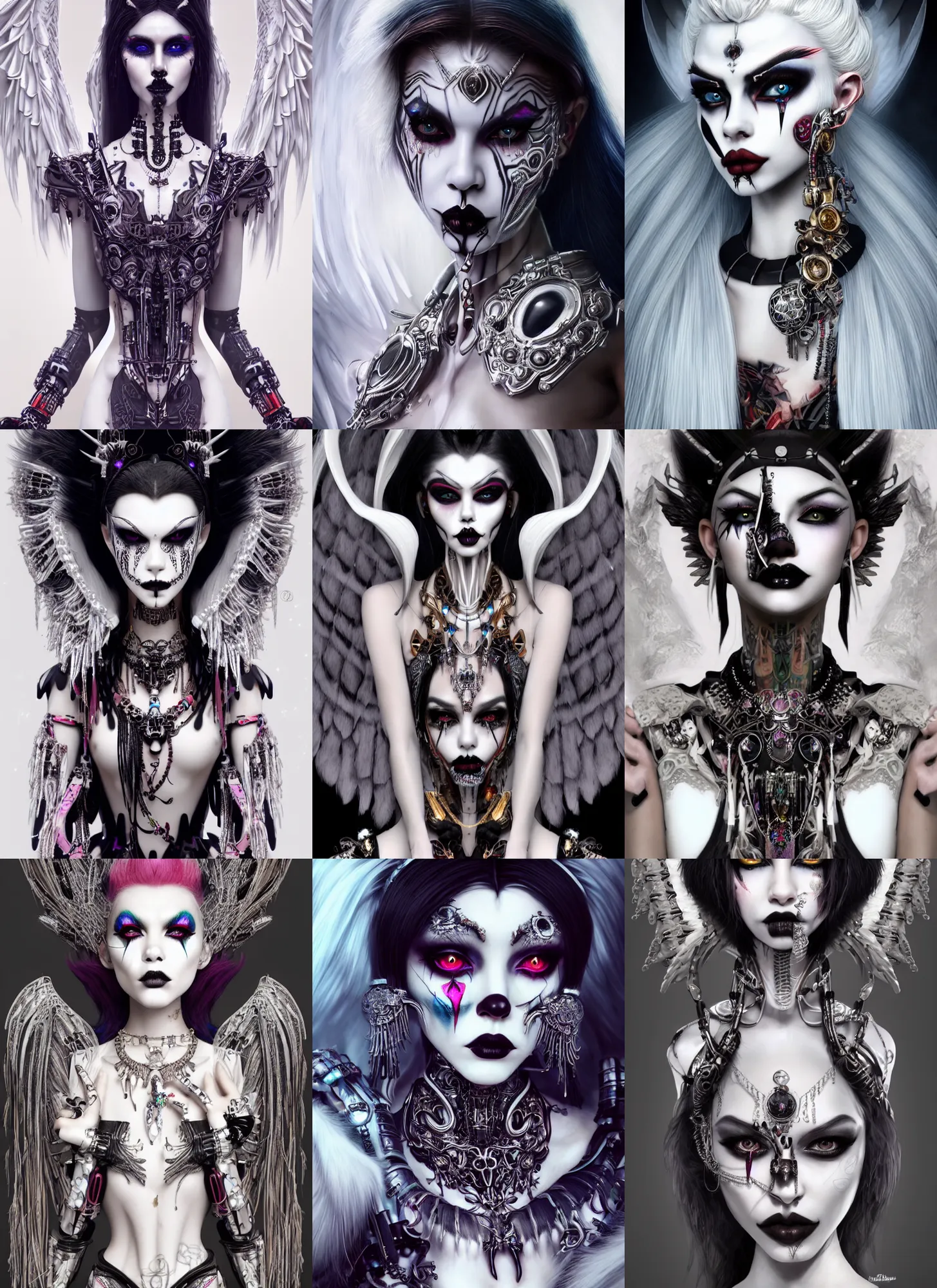 Prompt: ultra realistic, beautiful white porcelain clowncore goth emo mettalic tribal jungle angel madison beer cyborg woman with elaborate jewelry, sci - fi, fantasy, cyberpunk, intricate, elegant, highly detailed, digital painting, ever after high, octane render, artstation, concept art, smooth, sharp focus, illustration, art by artgerm and wlop