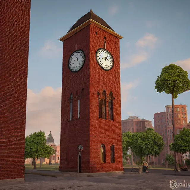 Image similar to georgian style brick clock tower colonial city with tall strange buildings, volumetric, realistic, cinematic lighting, ray tracing, unreal engine 5, octane render, hyper realistic, photo, 8 k