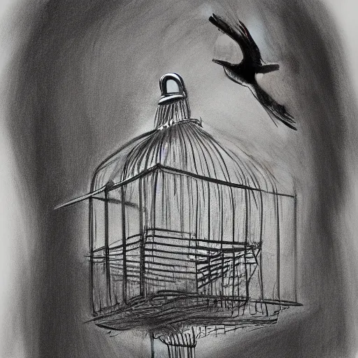 Image similar to a charcoal sketch of a flying bird in a cage, black and white, low detail