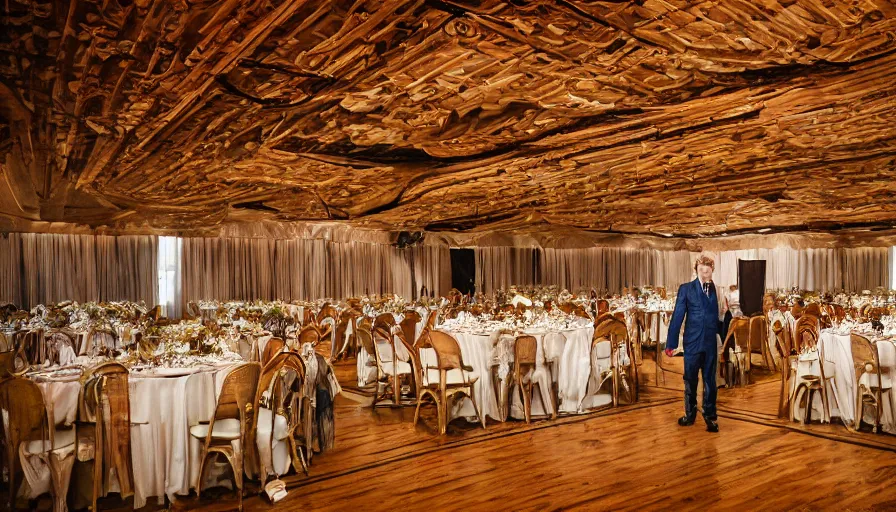 Prompt: a man in a organic barque in a ballroom, leica sl 2 technicolor, heavy grain, high quality, high detail