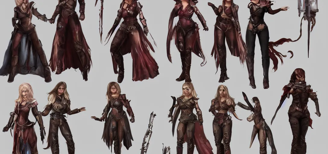 Prompt: character sheet concept art of female video game characters, renaissance, realistic, hyper realistic, photographic, costume,