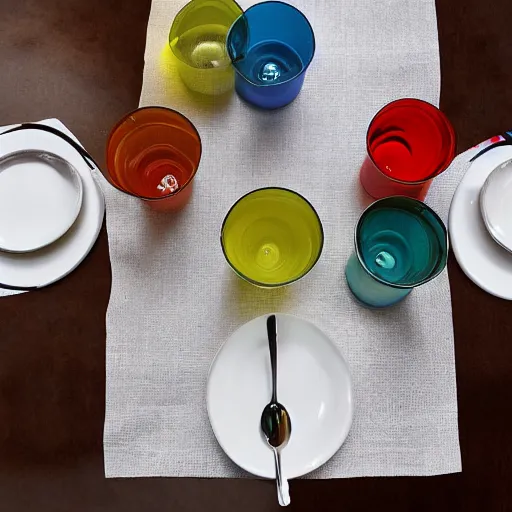 Prompt: photorealistic multi colored drinking glasses on white silk tablecloth