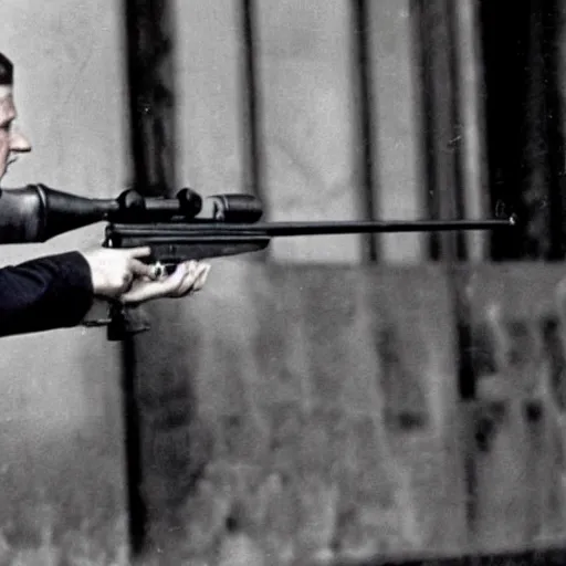 Image similar to John Kennedy holding a sniper and self aiming at the 1963 bombing, polaired