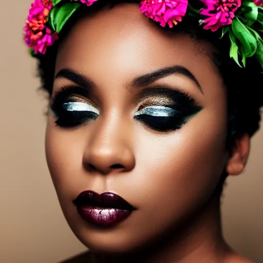 Image similar to Photo of a black woman, pretty make-up, flower crown, bold, self-confidence, cinematic focus