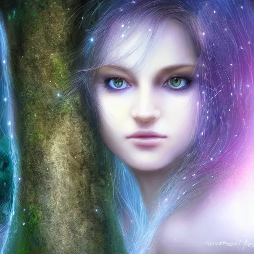 Prompt: masterpiece digital painting realistic portrait of beautiful forest goddess, 3 0 years woman, close face view, soft face, moonlight, elf forest background, at night, by luis royo, artstation, deviantart, unreal engine,, cinematic lights, dark blue purple tones, aura effects, light sparks