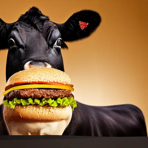 Prompt: a cow very happy about eating a cheese burger, highly detailed, photorealistic portrait, bright studio setting, studio lighting, crisp quality and light reflections