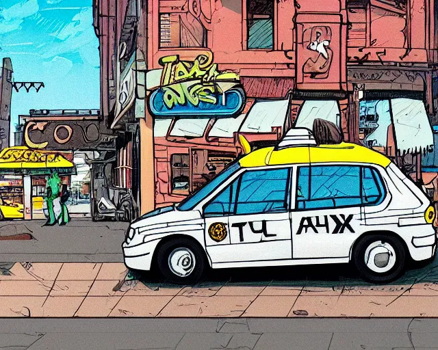 Prompt: a study of cell shaded cartoon of a taxi can infront of a store front, road, illustration, vivid colors, post grunge, concept art by josan gonzales and wlop, by james jean, Victo ngai, David Rubín, Mike Mignola, Laurie Greasley, highly detailed, sharp focus, alien, Trending on Artstation, HQ, deviantart, art by artgem