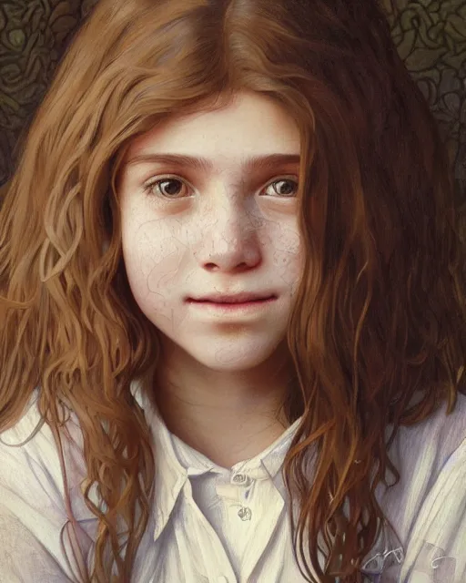 Prompt: portrait of 1 5 - year - old girl, little smile, with large front teeth, hermione, very bushy brown hair, and very bright brown eyes, wearing white shirt, hyper realistic face, beautiful eyes, close up, fantasy art, in the style of greg rutkowski, intricate, alphonse mucha, hyper detailed, smooth
