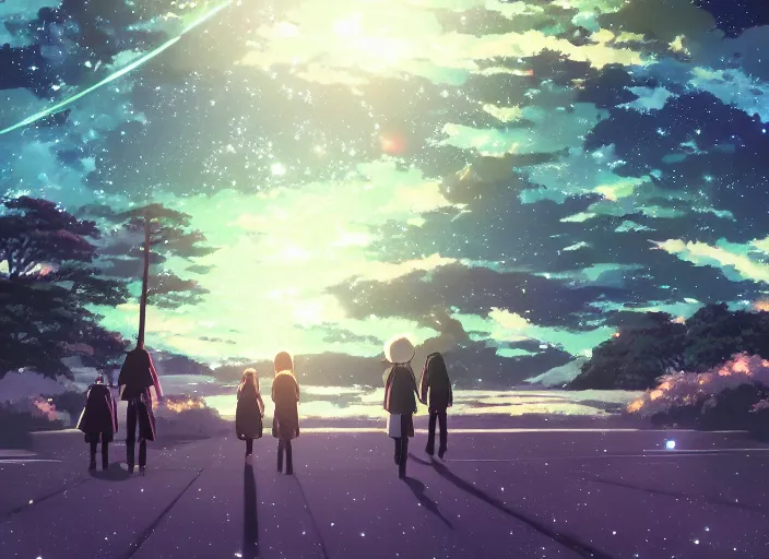 Image similar to going on a walk through space, Japan, anime scenery by Makoto Shinkai, wholesome, discovery