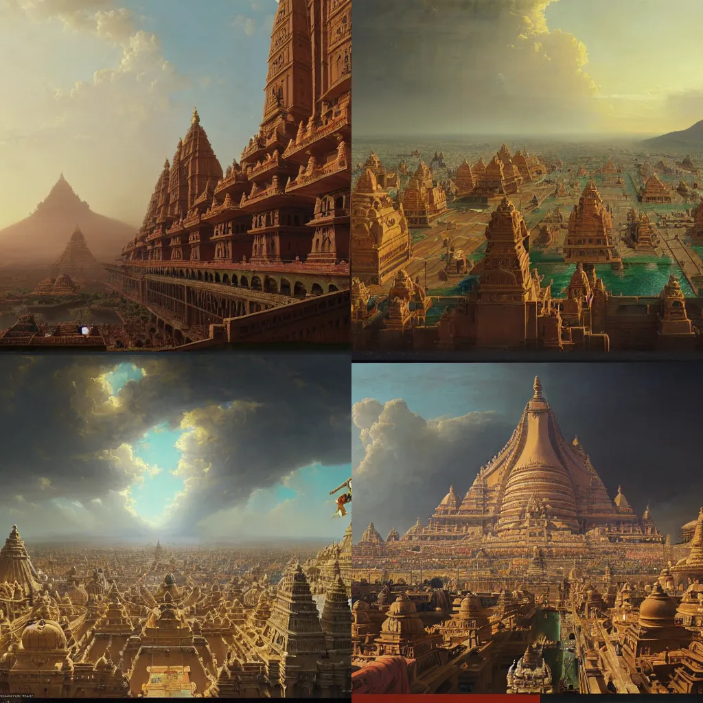 Prompt: The colossal giga city of Ajodhya capital of Hindu Rashtra, by Canaletto, by Wes Anderson, by Greg Rutkowski, by oil on canvas, masterpiece, detailed, dynamic, cinematic composition, beautiful lighting, view from ground, trending on artstation, top on pixiv, 8K, award winning, no frames,