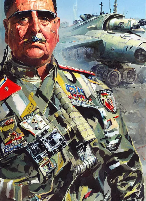 Prompt: cyborg militar pinochet painting by john berkey